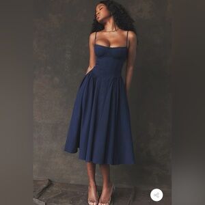 Navy Blue French Bustier Spaghetti Strap Midi Dress, Fit & Flare, Size L
